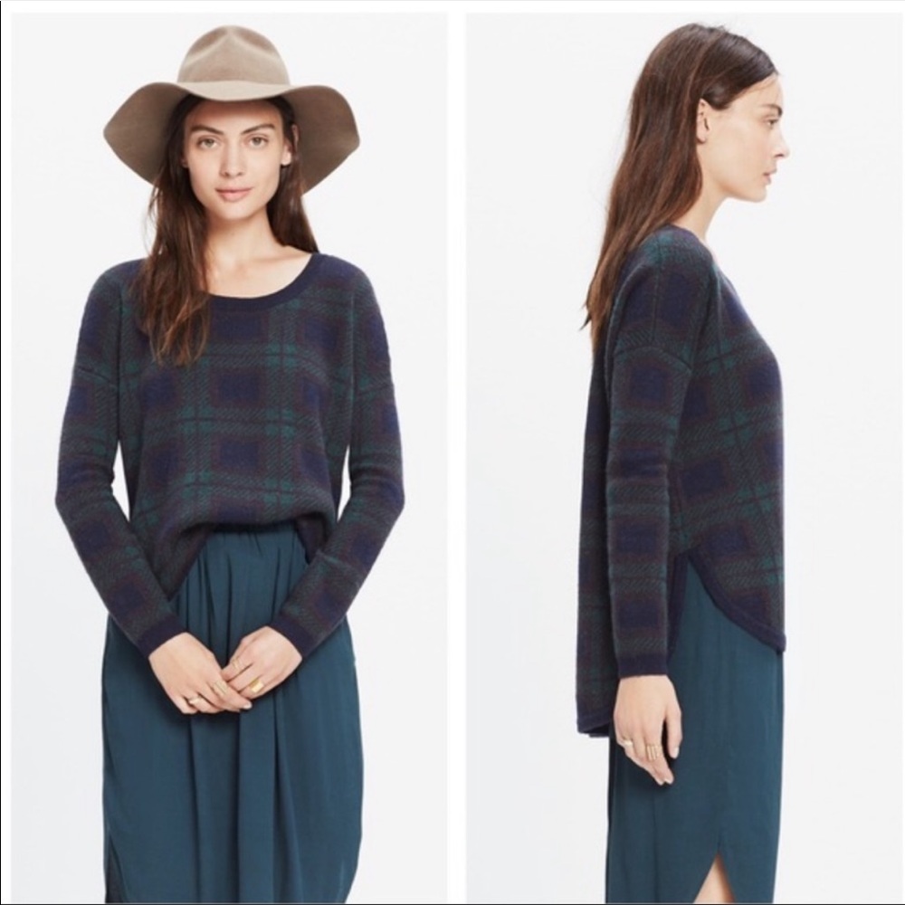 Madewell Tartan Plaid Curved Hem Mohair Alpaca Wool Sweater Size Medium